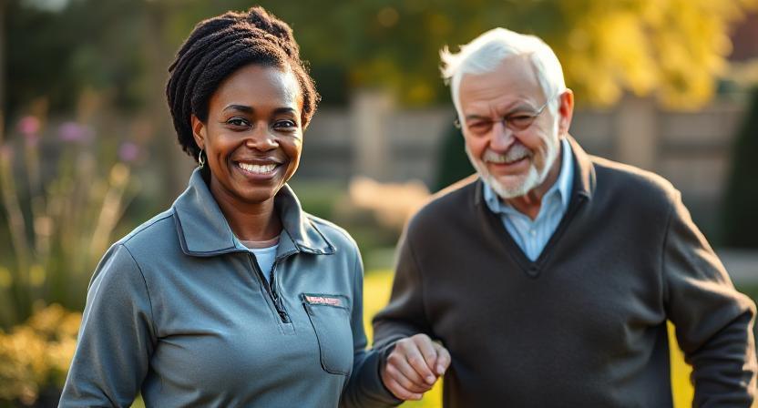 compassionate, professional female carer in her 30s, wearing a clean, modern uniform with a branded fleece